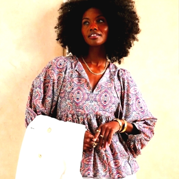 Banana Republic Top 3/4 Balloon Sleeve Paisley Peasant Blouse Size Large Petite - Picture 2 of 5